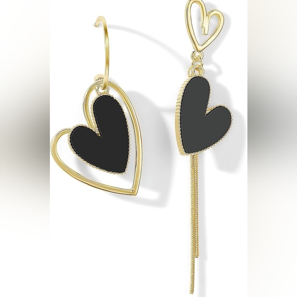 ASYMMETRICAL BLACK & GOLD HEART EARRINGS